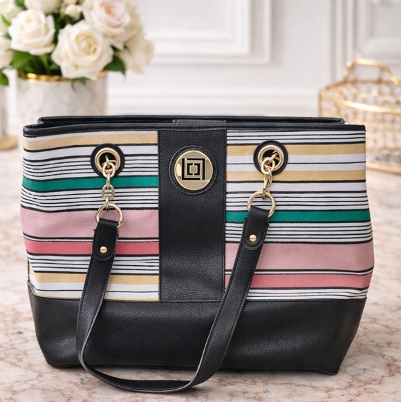 Handbags - ✨Liz Claiborne Chic Striped Tote – Black Accents